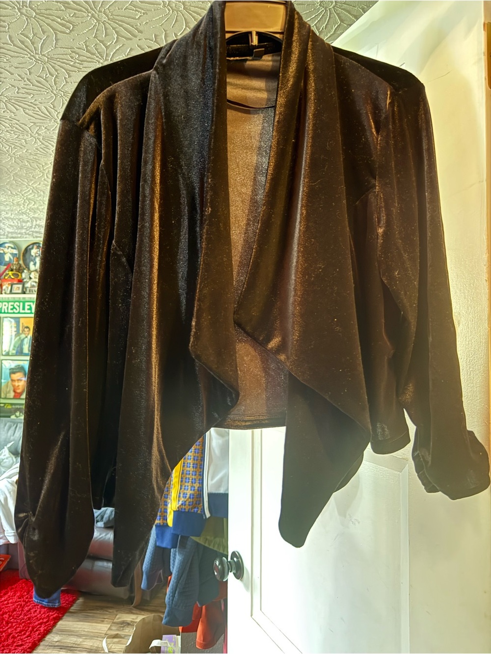 Black Velvet Draped Open Front Jacket